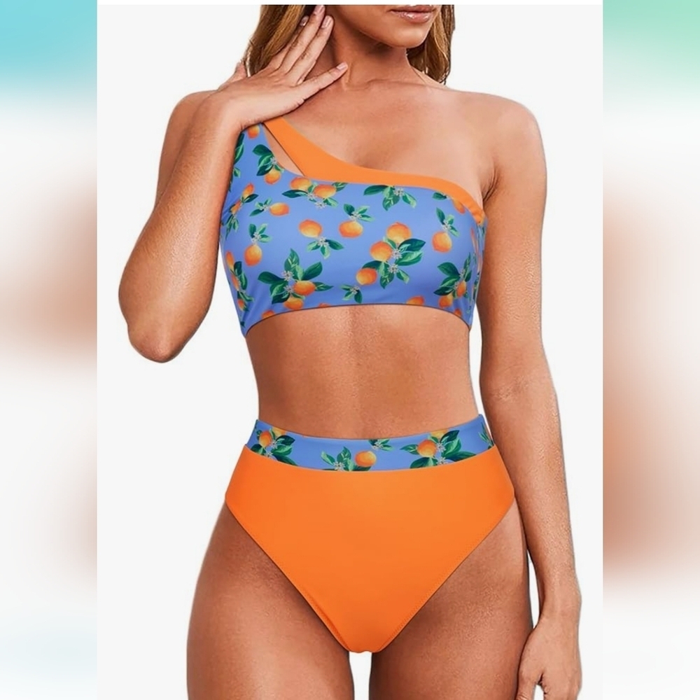 Cutout One Shoulder High Waisted Bikini High Cut Sz L orange print NWOT